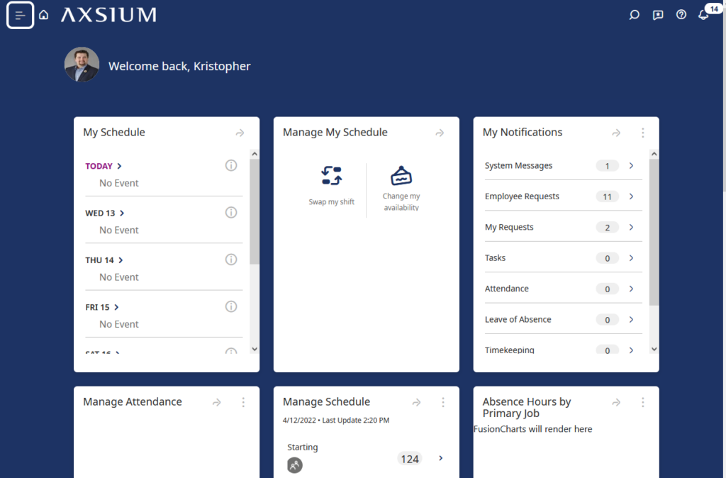 Workforce Dimensions Home Screen with new color option in Update 8 Release 3.