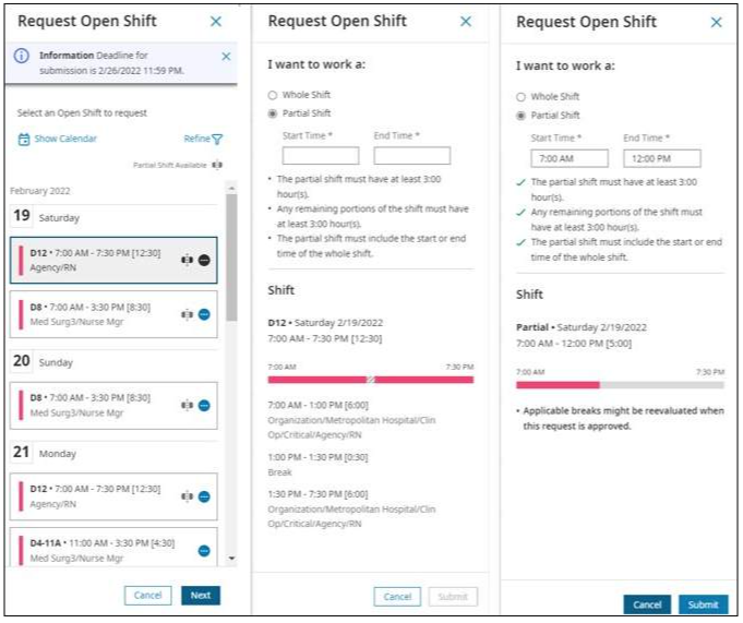 On the left, the Request Open Shift screen updated in Release 8 Update 3. In the middle and on the right, the following employee-view stages of the request process.