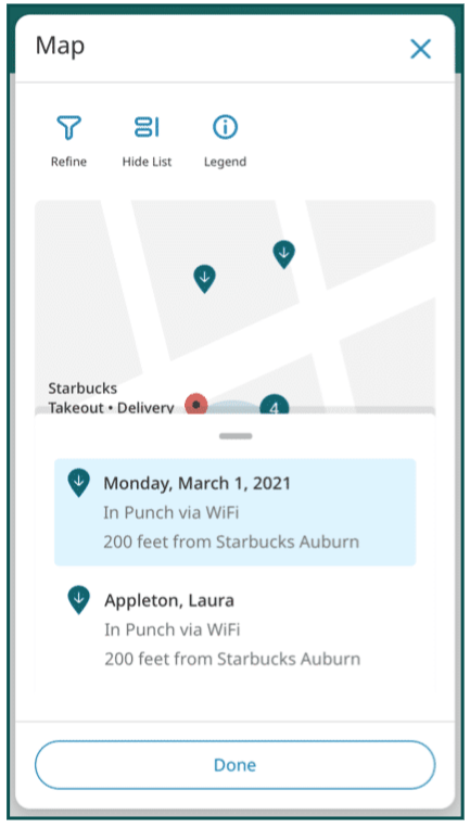An example of Workforce Dimensions' mobile location-based punch-in feature in Release 8 Update 3.