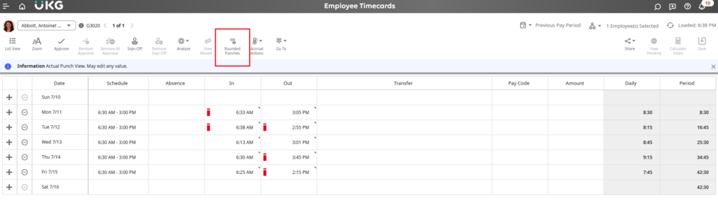 UKG Workforce Dimensions' TImecard Rounded Punch View